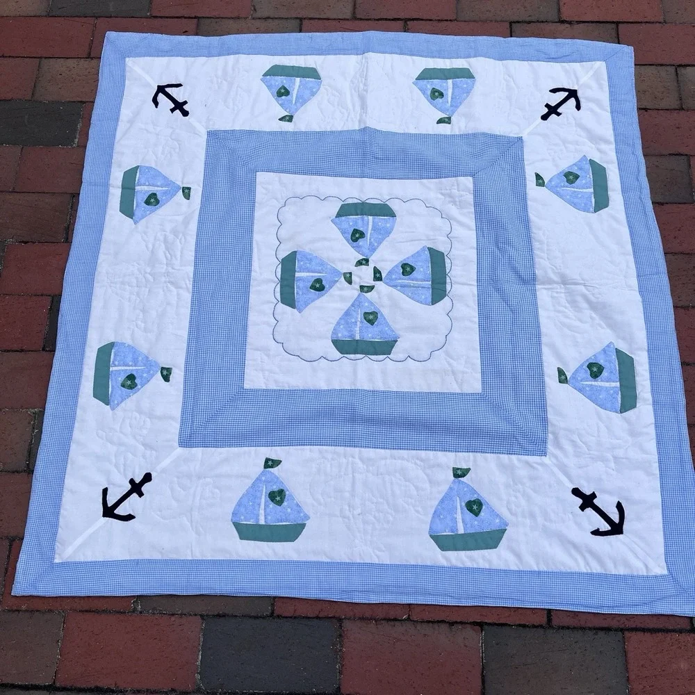 Handmade Sailboat Boys Crib Quilt, Green, White, Blue, One Of A Kind 40